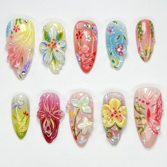 Vibrant Floral 3D Nail Art Set - Stunning Design