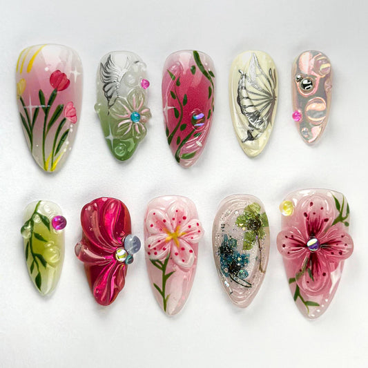 Vibrant Floral 3D Nail Art Set - Stunning Design