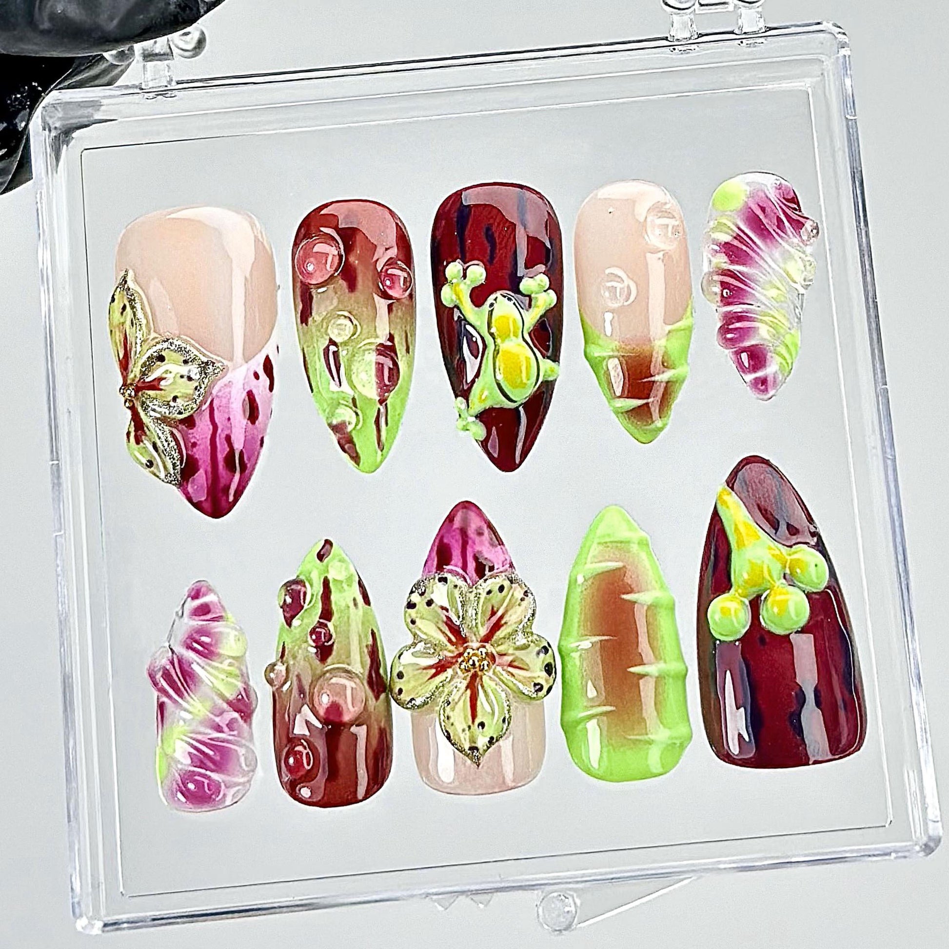 Vibrant Floral Frog Press-On Nails Set