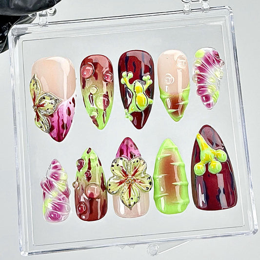 Vibrant Floral Frog Press-On Nails Set