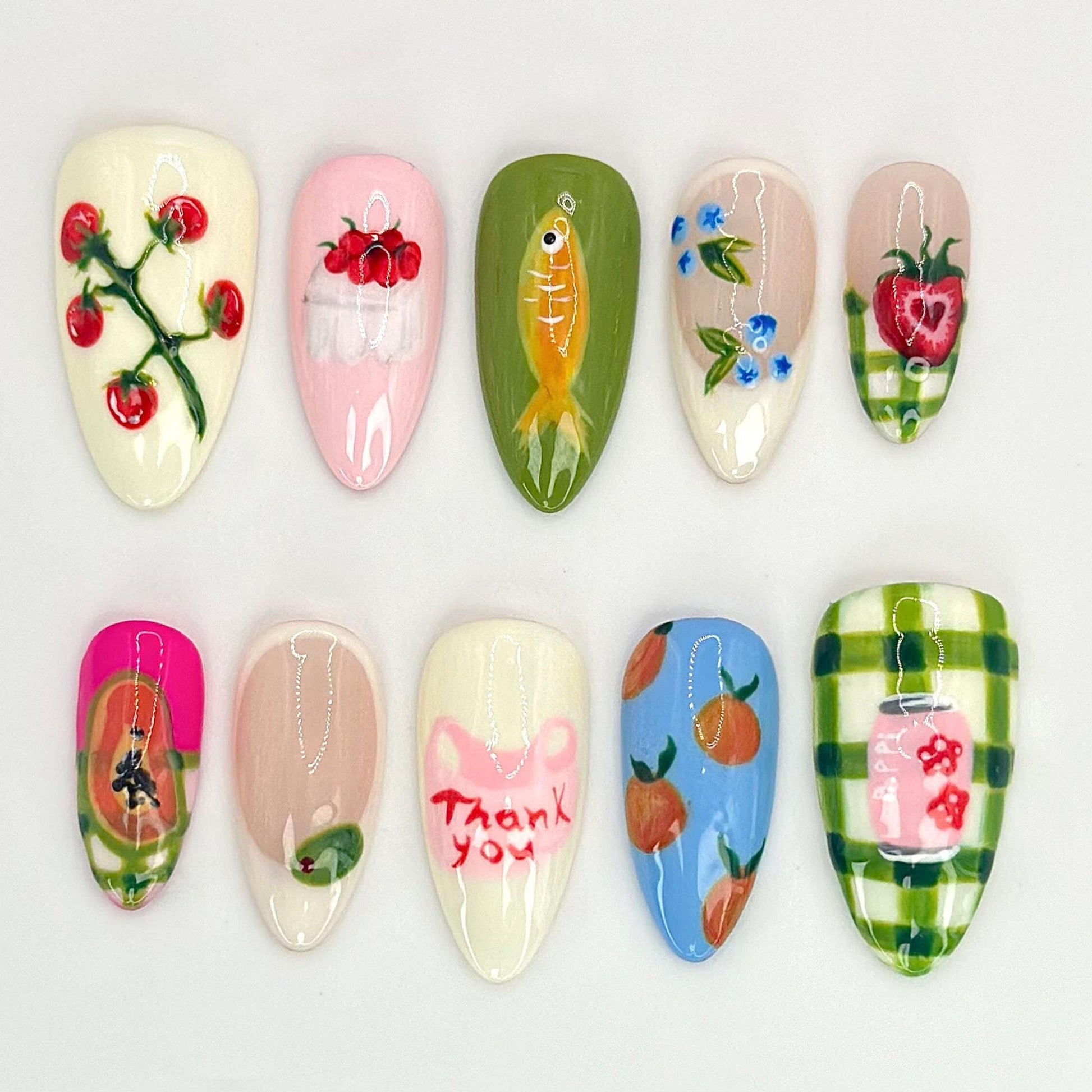 Vibrant Hand-Painted Nail Art Set - Unique Fruit & Floral Designs