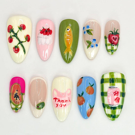 Vibrant Hand-Painted Nail Art Set - Unique Fruit & Floral Designs