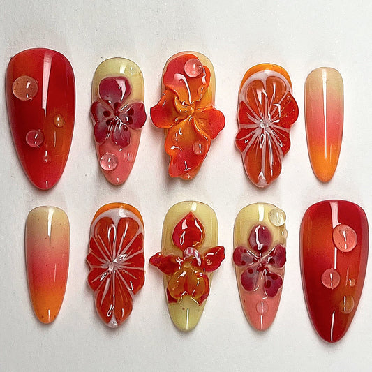 Vibrant Orange Flower Gel Nail Art Set