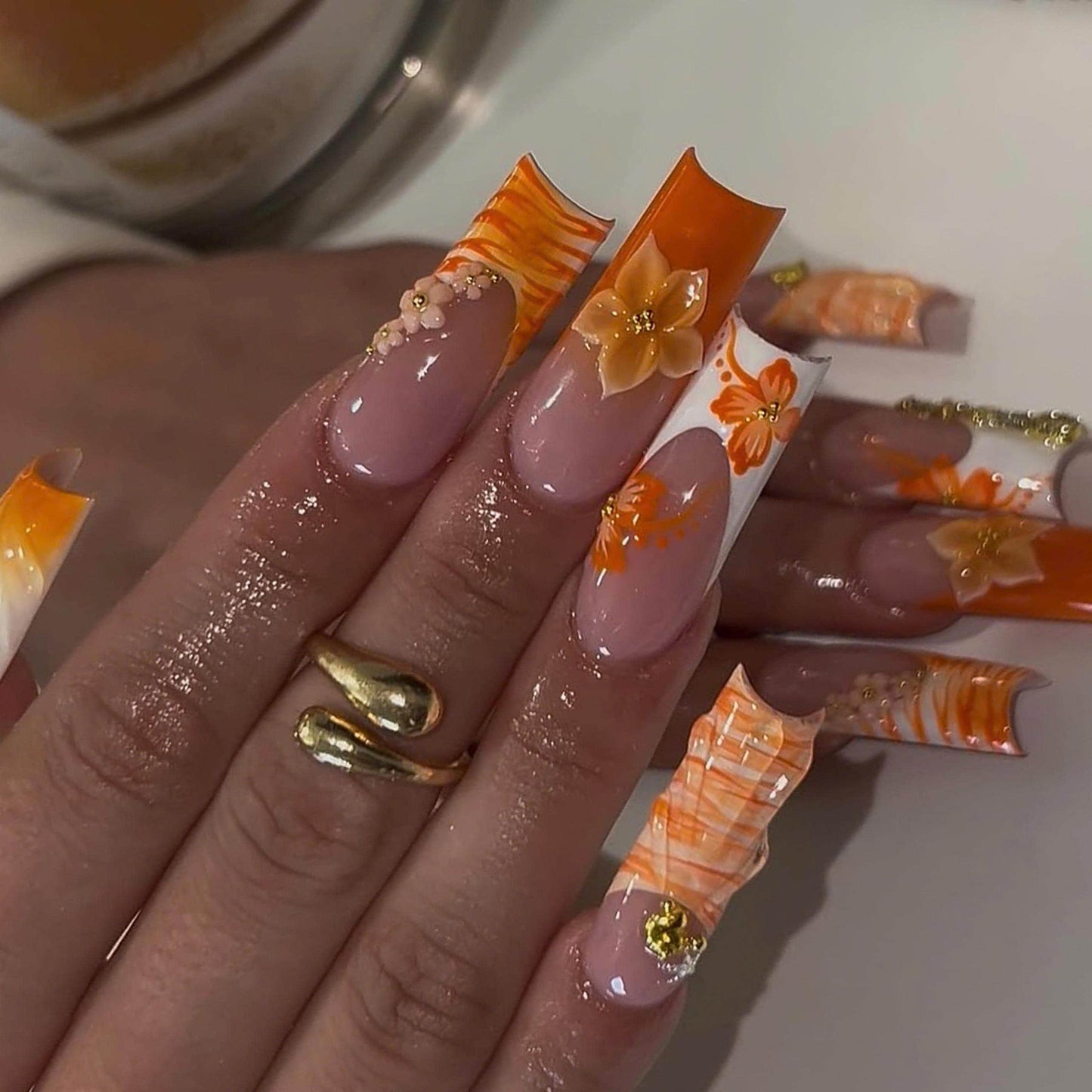 Vibrant Orange Flower Nails - Tropical Orange Floral Press Nails