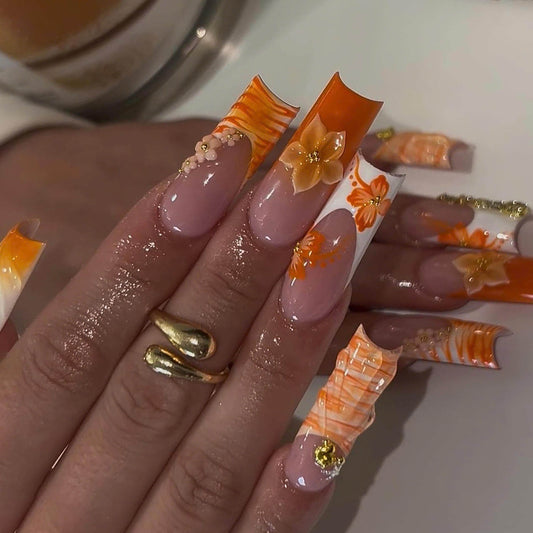 Vibrant Orange Flower Nails - Tropical Orange Floral Press Nails