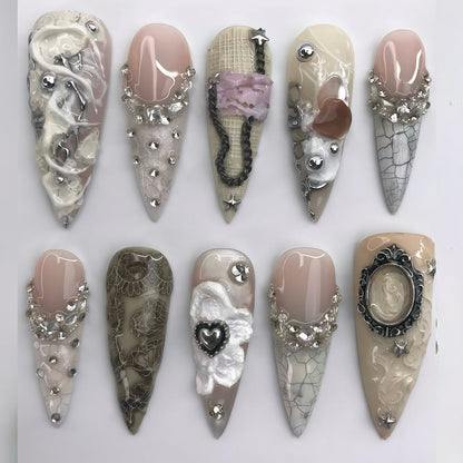 Victorian Lace and Pearl Gothic Press On Nails with Vintage Frame and Heart Details