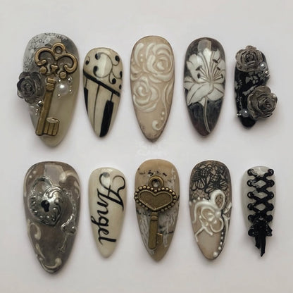 Vintage Angel Press-On Nails with Roses, Keys, and Lace Details