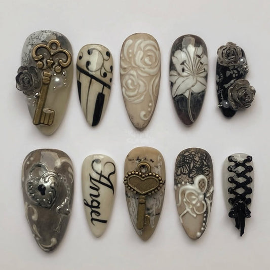 Vintage Angel Press-On Nails with Roses, Keys, and Lace Details