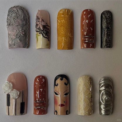Vintage Art Press On Nails Retro Texture Portrait Nail Set