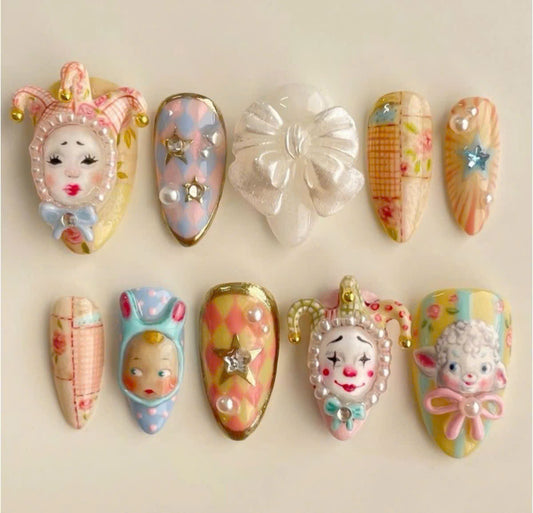 Vintage Carnival Doll Bow Star Pastel Handmade Nails