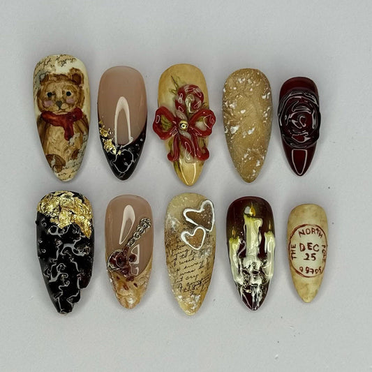 Vintage Christmas Press On Nails with Teddy, Ribbon, and Candle Art Details
