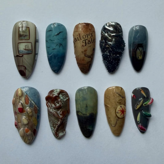 Vintage Coastal Adventure Handmade Storytelling Press On Nail Set