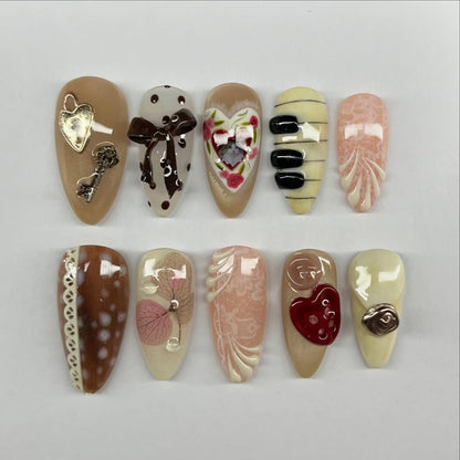 Vintage Cocoa Romance Press On Nails Handmade Neutral Art Set