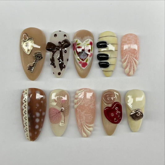 Vintage Cocoa Romance Press On Nails Handmade Neutral Art Set