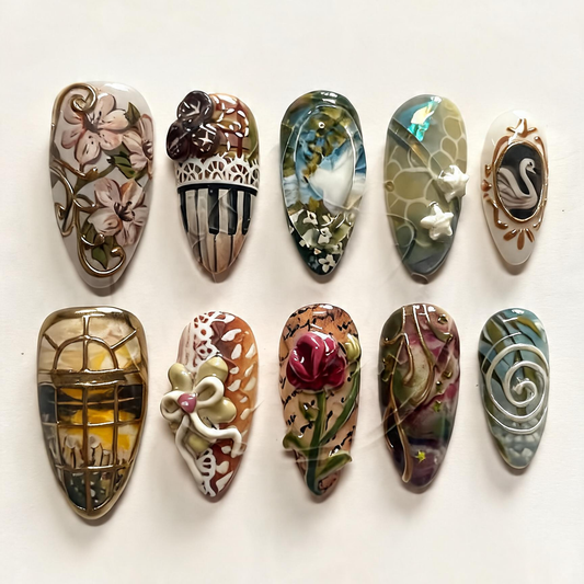 Vintage Floral Press On Nails Swan Rose Cottagecore Art Set Design