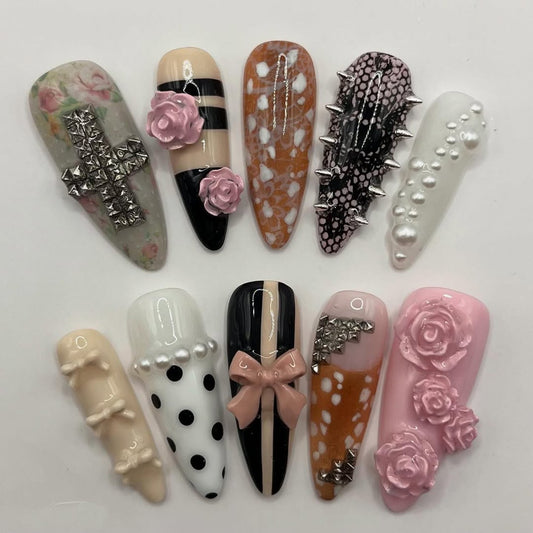 Vintage Floral and Punk Press-On Nails with Handmade 3D Roses