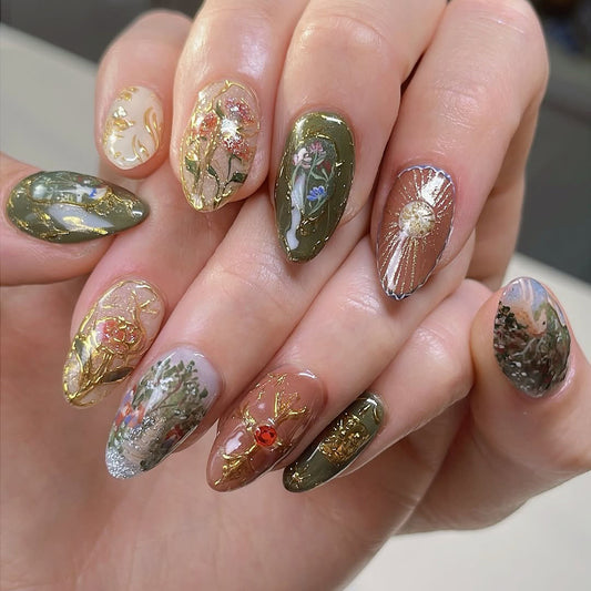 Vintage Forest Fantasy Press On Nails with Gold Foil & Nature Art