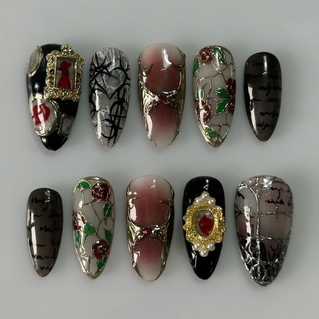 Vintage Gothic Frame Press On Nails Dark Rose Art Set