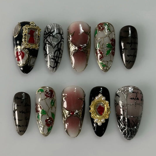Vintage Gothic Frame Press On Nails Dark Rose Art Set