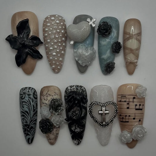 Vintage Gothic Press-On Nails with Black Roses and Music Details