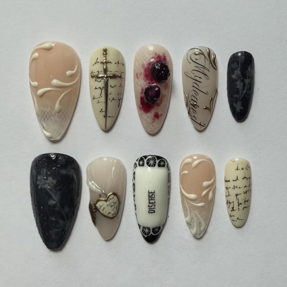 Vintage Gothic Script Cross Design Press On Nail Set