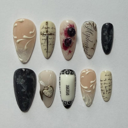 Vintage Gothic Script Cross Design Press On Nail Set