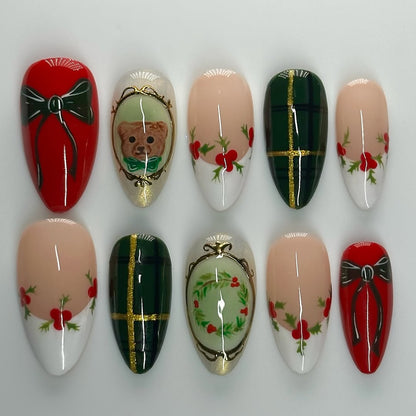 Vintage Holiday Bow & Wreath Press On Nail Set