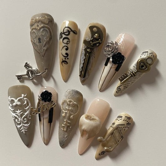 Vintage Key and Rose Handmade Press-On Nails with Artistic Details