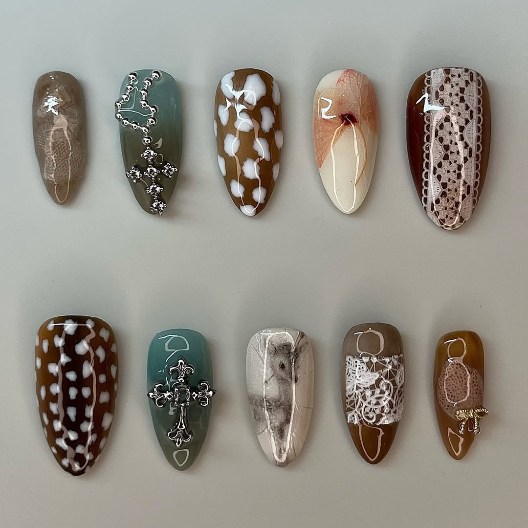 Vintage Lace and Leaf Press On Nails with Cross and Neutral Brown Accents