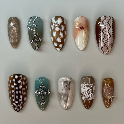 Vintage Lace and Leaf Press On Nails with Cross and Neutral Brown Accents
