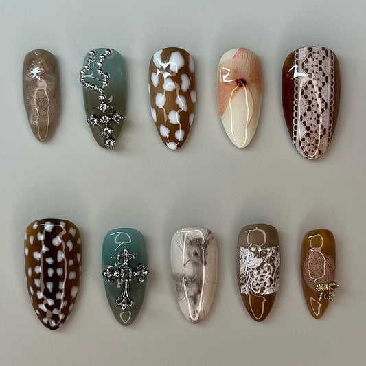 Vintage Lace and Leaf Press On Nails with Cross and Neutral Brown Accents
