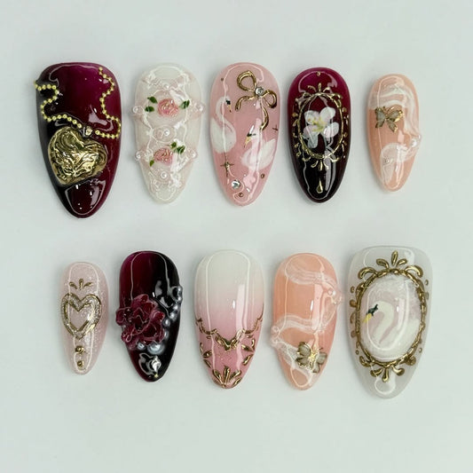 Vintage Romantic Press On Nails Burgundy Pink Gold Frame Art Set
