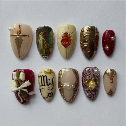 Vintage Romantic Sacred Heart Press On Nail Art Set