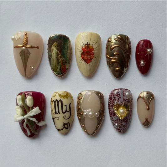 Vintage Romantic Sacred Heart Press On Nail Art Set