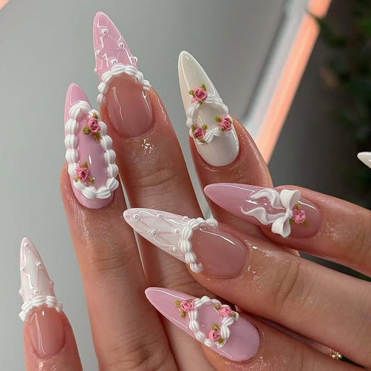 Vintage Rose Icing 3D Bridal Press On Nails