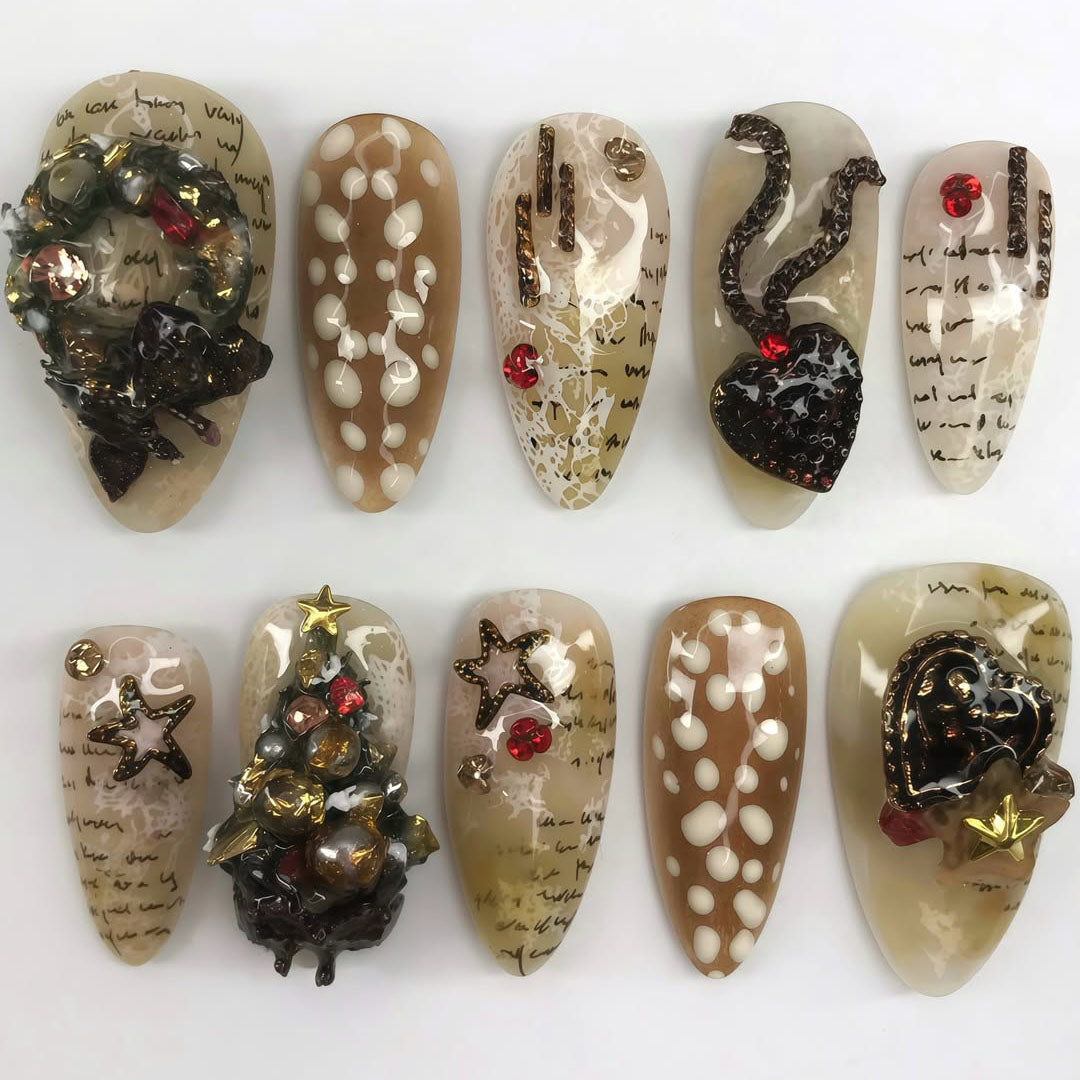Vintage Script 3D Neutral Art Press On Nail Set