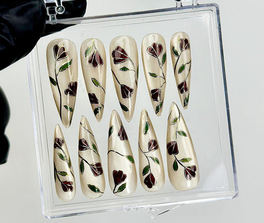 Vintage Vine Bloom Press On Nails Set With Elegant Burgundy Flowers and Pearl Details