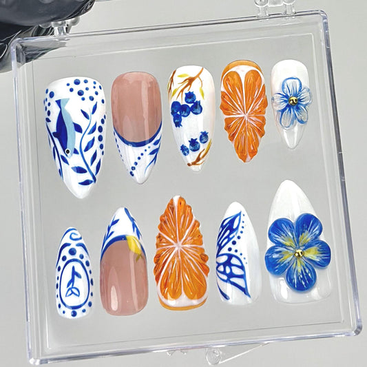 Vivid Floral Orange Blue Press-On Nail Set.