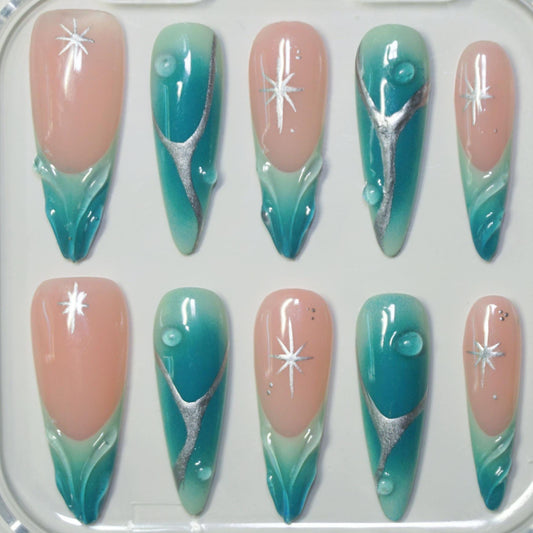 Water Droplet Press-On Nails with Refreshing Charm