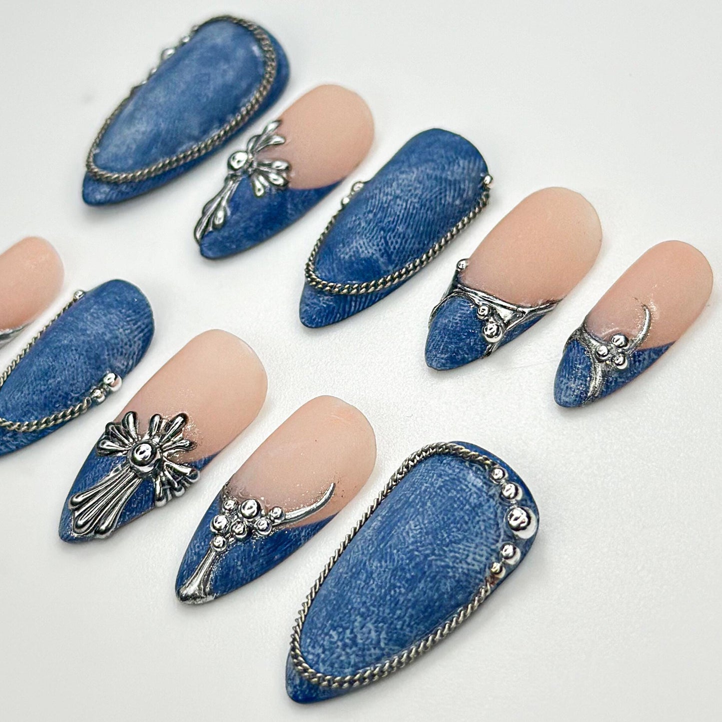 Denim Chic Press On Nails with Silver Accents
