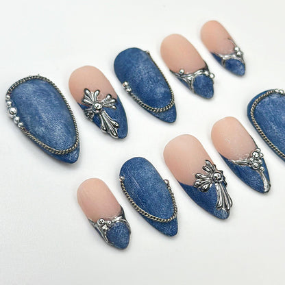 Denim Chic Press On Nails with Silver Accents