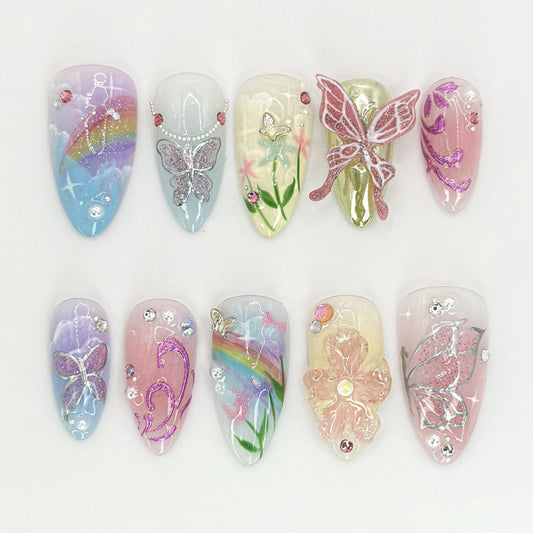 Whimsical 3D Butterfly Press-On Nails, Rainbow Set