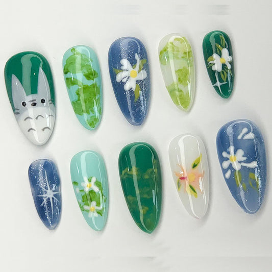 Whimsical 3D Floral Press-On Nails, Totoro Set