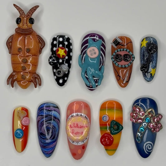 Whimsical Cartoon Art Press On Nails Colorful Playful Statement Set