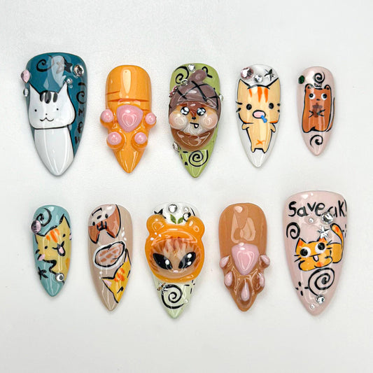 Whimsical Cartoon Kitty Press On Nails Set for Cat Lovers