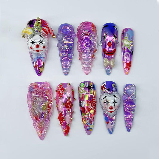 Whimsical Circus Clown 3D Press On Nails Set