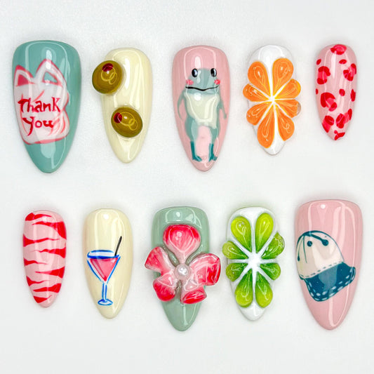 Whimsical Frog & Cocktail Nail Art Set - 10pcs