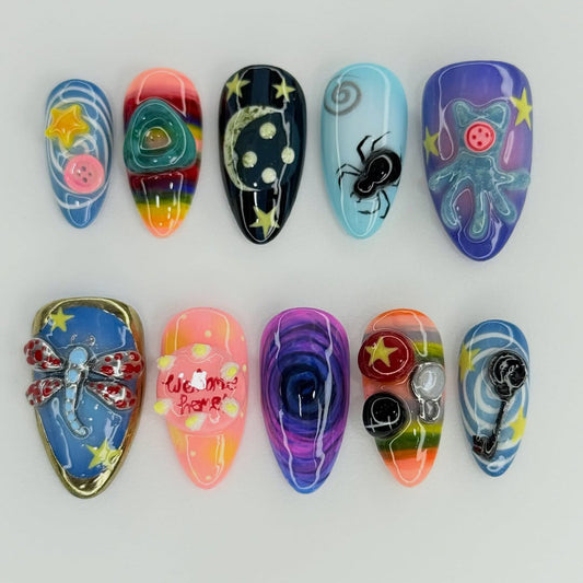 Whimsical Galaxy Creatures Almond Press On Nails Handmade Set
