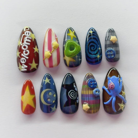 Whimsical Galaxy Press-On Nails with Stars, Stripes, and 3D Charms