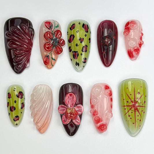 Whimsical Garden Press On Nails with 3D Floral and Ladybug Art